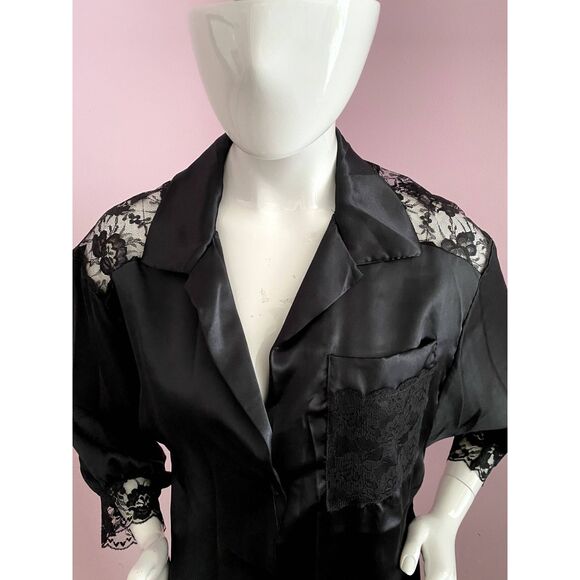 Vintage 90s Lily of France Sleep Shirt SMALL Jacquard Satin Lace Trim Nightgown - Picture 2 of 10